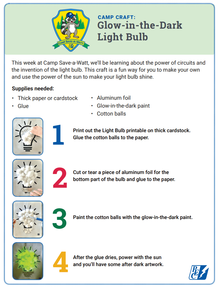 Worksheet describing a craft about glow-in-the-dark light bulbs.